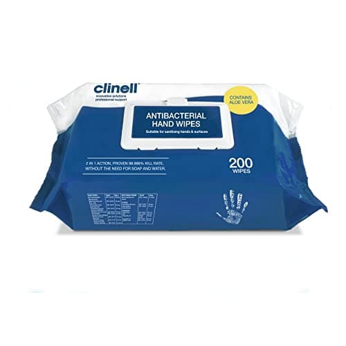 Clinell Antimicrobial Hand Wipes - Pack of 1 - 200 Wipes - Antibacterial, Suitable for Hands and Surfaces - Dermatologically Tested, Kills 99.99% of Germs