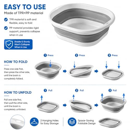 Lafefe Thickened Collapsible Washing Up Bowl, Portable Folding Wash Basin with Handles, Space Saving Camping Sink Multipurpose for Camping, Caravan, Kitchen & Travel(Gary, 5L) — view 3