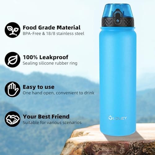 OLDLEY Stainless Steel Water Bottle with Straw 1L Vaccum Insulated Large Drink Flask Metal Water Bottles 1 Litre Leakproof Keep Drinks Hot Cold for Sports Gym Camping Adult Women Men(Sky Blue, 1 Lid) — view 4