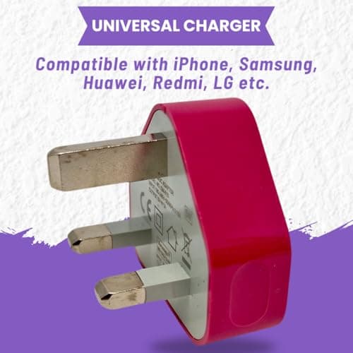 Electoys Single USB Plug UK - 5V 1A Fast Charger - Compatible with iPhone, Samsung, Redmi, Huawei, HTC, LG - Hot Pink — view 5