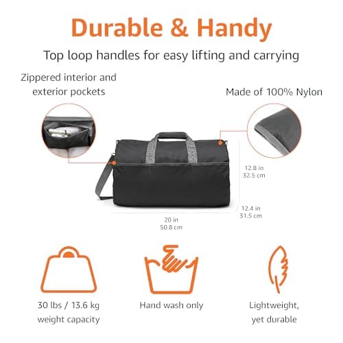 Amazon Essentials 20" (50.8 cm) Large Foldable Nylon Duffel Bag for Travel/Storage with Zipped Pockets, 30 pounds (13.6 kg) Capacity, Black — view 2