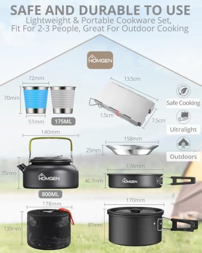 HOMGEN Camping Cooking Set with 1 Windshield & 2 Plates Cups Cutlery — view 2