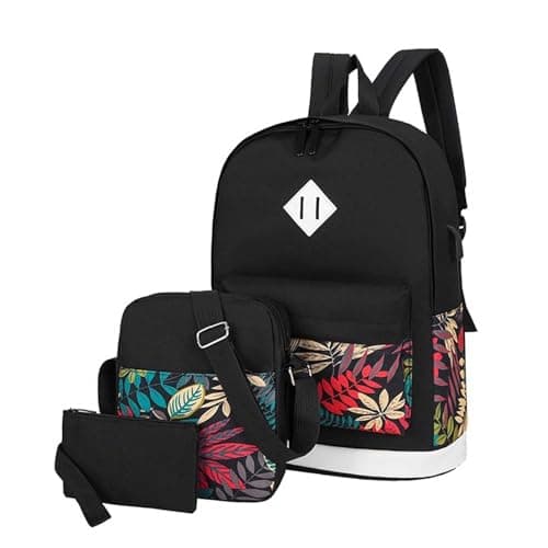 Cute Backpack Leaf Pattern 3-Piece Travel Set Business Daypack Style