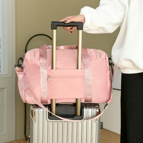 Sports Gym Bag Foldable Overnight Weekend Bags Womens Mens Duffel Bag with Shoes Compartment Water Resistant Holdall with Wet and Dry Separation Bag for Sports and Travel (Pink) — view 6