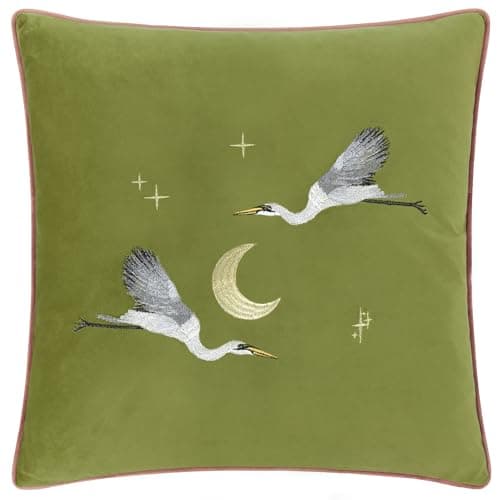 Paoletti Moonlit Flight Embroidered Velvet Cushion Cover - Olive - 45x45cm