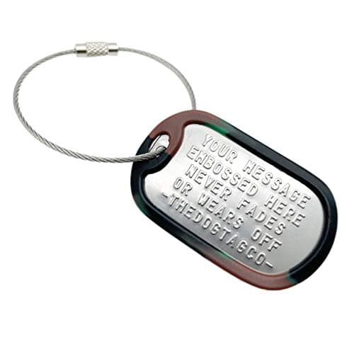 TheDogTagCo Triple Set of Personalised Luggage Tag Stainless Steel Nickel Plated ID tag with Cable & Silencer Read Description to See How to ADD Personalisation (Camo Green)
