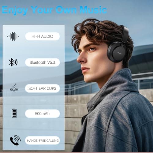 Noise Cancelling Headphones Wireless Bluetooth, Over Ear Headphones Bluetooth with Microphone, Cancelling Wireless Headphone Over Ear, 65h Playtime, Clear Calls, Comfort Fit For Travel (Black) — view 6