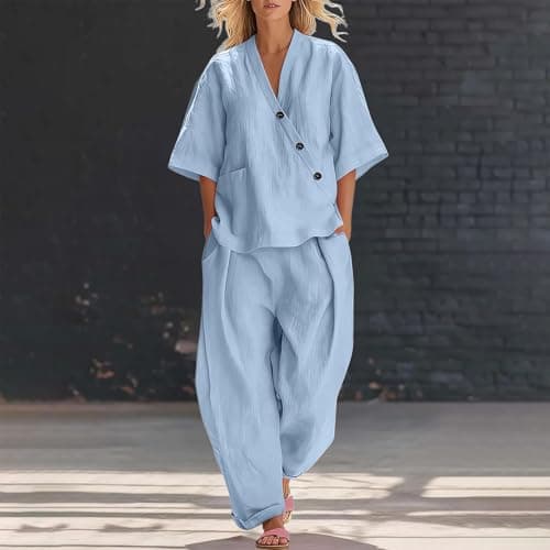Travel Outfit Airport Set Women Two Piece Travel Sets For Women Co Ords Sets For Uk Lounge Wear Linen 2 Piece Set Cotton Spring+Break Outfits Vacation Pants Trendy V Neck Suit Linen Suits Light — view 3