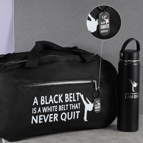 Layhit 3 Pcs Karate Gifts for Boys Taekwondo Karate Bag Martial Arts Duffel Bag 24 oz Stainless Steel Water Bottle Keychain for Kids Adults Taekwondo Lover Gifts(Black) — view 6