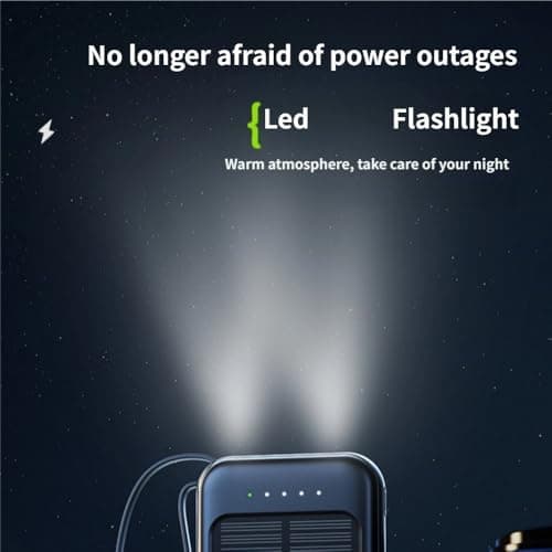 Solar Power Bank 10000mAh, Portable Charger with Built-in Cables, USB-C, Micro USB, and Lightning Compatible, Black — view 5