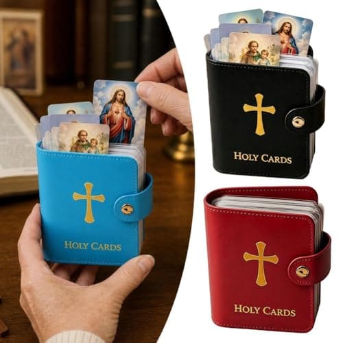 Catholic Faux Leather Holy Card Holder, Pocket Prayer Card with 54 Holy Cards,PU Portable Organizer with Snap Closure for Sacred Heart,Portable Storage Booklet for Cards Medals Tokens Gifts(Red) — view 3