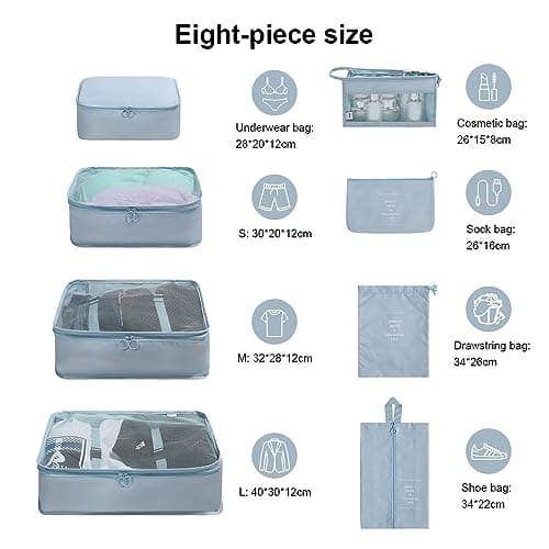 OSDUE Packing Cubes for Suitcase, 8PCS Thickening Travel Organiser Packing Bags Lightweight Travel Accessories Organizers Essentials Clothes Shoes Cosmetics Toiletries Storage Bags — view 2
