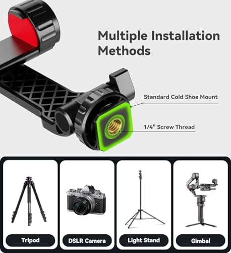 YZNT Phone Tripod Mount, Universal Smartphone Holder with 2 Cold Shoe Mount Adapter and 1/4" Standard Screw Thread, 360°Rotation & 180°Tilt Phone Clamp Compatible with iPhone & Android for Photography — view 3