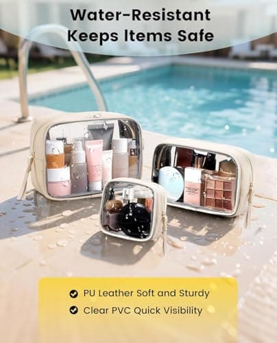 3-Piece Travel Makeup Bag Clear Waterproof Toiletry Bag Set Large, Medium Small Sizes Travel Toiletry Organizer Pouch Cosmetic Storage for Bathroom (Beige) — view 5