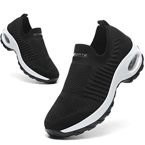 Womens Slip On Ladies Trainers Walking Shoes Lightweight Running Shoes Air Cushion Wedge Platform Shoes Black White UK 5