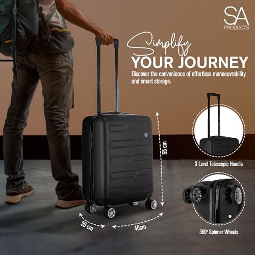 SA Products Cabin Suitcase | 34L Carry On Suitcase, Cabin Bag 55x40x20 with Combination Lock | Hard Shell Suitcase with 4 Wheels Cabin Luggage, Cabin Bags 55 x 40 x 20 Approved (Black) — view 5