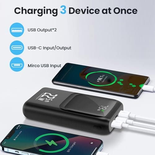 Power Bank 20000mAh, Fast Charging Portable Charger PD 22.5W USB-C in & Out, LED Display External Battery Pack for iPhone 16/15/14/13, Android Samsung Galaxy Smartphones (Black) — view 3