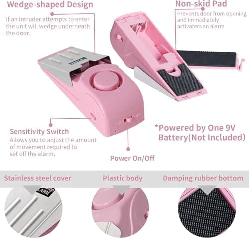 Portable Door Lock & Door Stop Alarm Set, Dual Protection Home Security Door Kit, Travel Hotel Lock Devices Pocket Self Defensey Tools for Traveling Hotel Home Apartment (Pink) — view 5