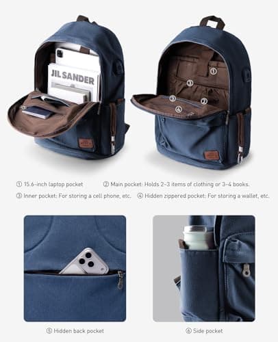 Muzee Canvas School Backpack with 15.6 inch Laptop for Men Women, Lightweight Anti-Theft Travel Daypack College Student Backpack Mit USB Charging Port — view 3