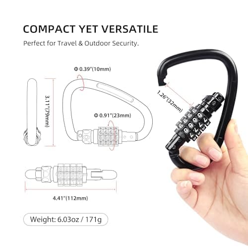 UP Security Combination Lock D Ring with Retractable Cable, 4 Digit Combo Lock for Helmet Safe, Backpack, Luggage Anti-Theft, Stroller, Scooter, Gym Locker, Fence, Travel, Outdoor Use (D Ring, Black) — view 2
