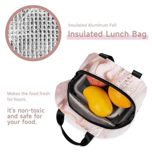 HYEPNED Rose Golden Marble Reusable Insulated Lunch Bags for Women & Kids & Girls & Adults & Ladies, Waterproof Leak-Proof Cool Bag for Work School Picnic (Pink) (Pink) — view 3