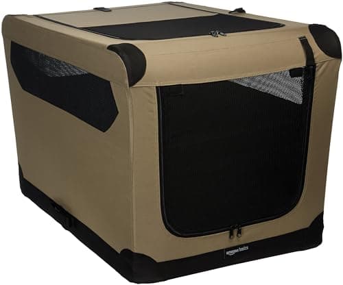 Amazon Basics 2-Doors Portable Soft-Sided Folding Travel Crate Kennel for cat, dog, and other small animals, Tan, L 91 cm x 61 cm x 61 cm