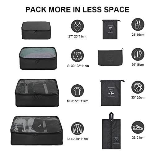 OSDUE Packing Cubes for Suitcase, 8 PCS Travel Organiser Packing Bags Lightweight Waterproof Luggage Packing Organizers for Clothes Shoes, Travel Accessories, Black — view 2