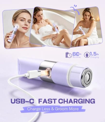 Bikini Trimmer Women 2-in-1 Facial Hair Remover for Women,USB-C Razors Woman,Dual Head Shaver Women with Light for Intimate,Lady Shavers for Woman Pubic Hair for Lip Underarm Body,Travel Lock,Violet — view 6