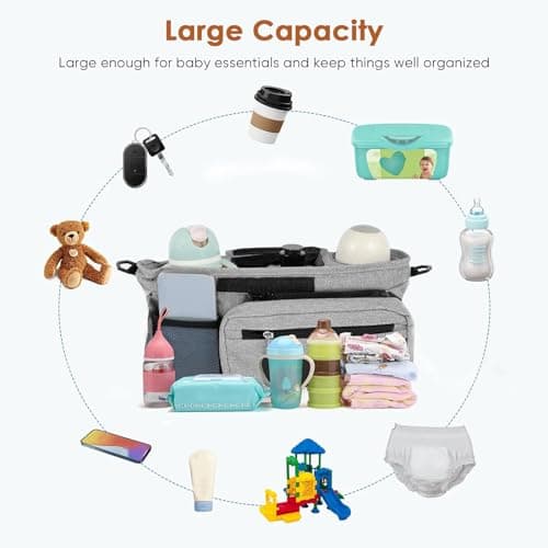 Stroller Organizer with 2 Cup Holder,Pram Bag Waterproof Oxford Infant Caddy Organizer with Detachable Pocket Adjustable Shoulder Strap Organizer Portable (Grey) — view 6