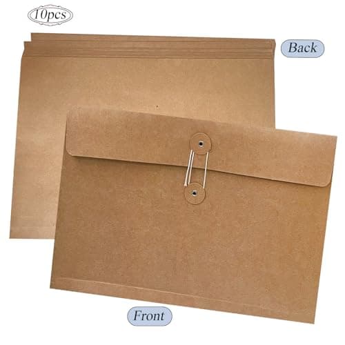 10Pcs A4 Kraft Paper Document Bags Khaki File Wallet Folders Pockets Paperwork Organiser with String Business Report Holder Closure Envelope Letter Storage Pouch Foolscap Bag for Office School — view 5