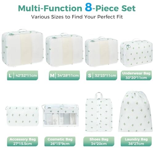 BAGAIL 8-Piece Packing Cubes Set, Travel Organizers with Breathable Mesh & Shoe Bag, Lightweight Nylon Packing Organisers for Luggage Suitcase, 9 Colors - Cactus — view 3