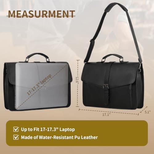 ESTARER Men's Leather Briefcase 17.3 Inch Laptop Computer Bag for Office/Business/Travel, Large Satchel Professional Leather Messenger Shoulder Bag, Black — view 3