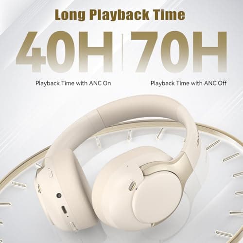 TECKNET Active Noise Cancelling Headphones, wireless headphones bluetooth 6.0, 70H Playtime and 6 EQ Music Modes with 3.5mm Cord, over ear headphones wireless & Wired for Home Travel Office, White — view 4