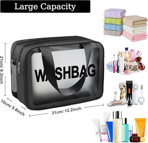 Clear Toiletry Bag, Wet Dry Separation PVC Makeup Cosmetic Bag, Large Capacity PVC Wash Bags with Handles for Women Girls Black — view 3