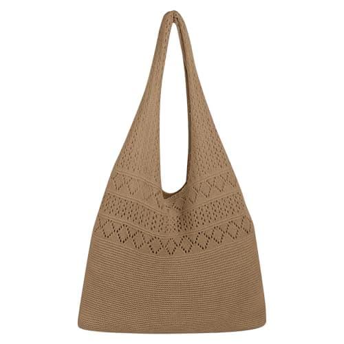 Havnix Crochet Mesh Beach Tote Bag for Women, Foldable Knit Boho Hobo Shoulder Handbag, Casual Shopping Travel Summer Holiday Bag (Khaki)