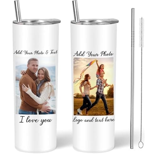 EKAM Personalised Coffee Tumbler with Picture & Text - Personalised Travel Coffee Mug, 20oz Stainless Steel Tumbler Cup with Straw and Lid, Custom Cup Gift for Christmas Day, Birthday, Any Occasion