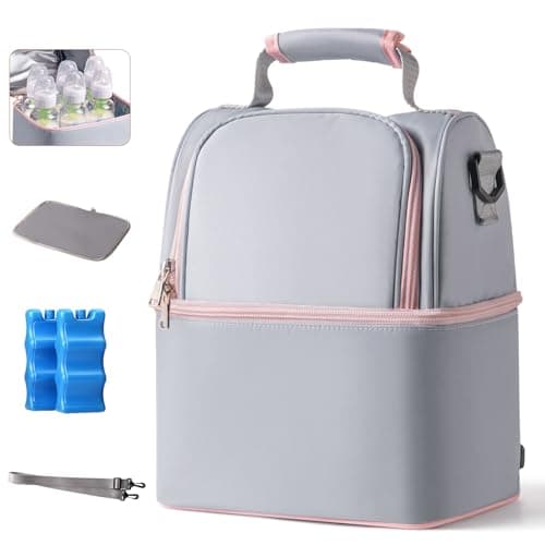 NCVI Breastmilk Cooler Bag with 2 Ice Pack, Breast Pump Bag with Cooler Fits 6 Bottles, Double Layer Breast Milk Baby Bottle Bag, for Travel, Nursing Mom Daycare, Work, Picnic (Grey)