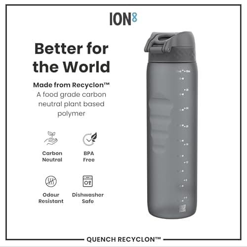 ION8 1 Litre Water Bottle, Leak Proof, Flip Lid, Carry Handle, Rapid Hydration, Dishwasher Safe, BPA Free, Contoured Grip, Ideal for Travel, Gym & Activity, Carbon Neutral Recyclon, 32 oz, Grey — view 5