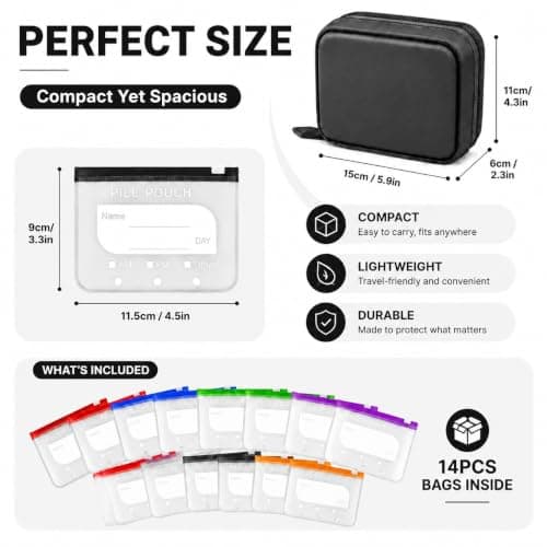 Travel Pill Organiser, Portable Silicone Medicine Storage Bag with 14 Colour Coded Pill Pouches, Black Water-Resistant PU Binder Case for Tablets, Vitamins, Work & Trips (Black) — view 2