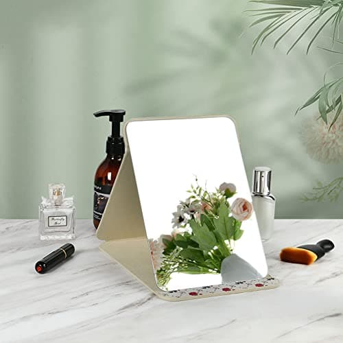 OSDUE Folding Tabletop Mirror, 20.5 * 15.5cm Beige PU Leather Portable Travel and Desktop Vanity Mirror with Stand for Office Desk, Vanity Table, Camping — view 6