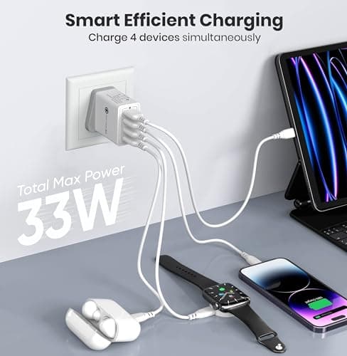 Fast Charger Plug USB Charger – Ultra Fast 4 Port Multi USB Plug Adaptor UK – 33W Quick Charge 3.0 Wall Charger Adapter – Phone Charger Plug Fast Charging for iPhone, Samsung, iPad and more — view 3