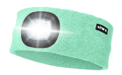 ATNKE LED Lighted Headband, USB Rechargeable Running Hat Ultra Bright 4 LED Waterproof Light Lamp Headlamp High Stretch Moisture Wicking Multi-Color/Fruit Green