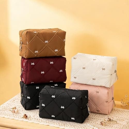 PureBowlic Chic Bow Quilted Travel Makeup Bag For Women, Spacious Polyester Cosmetic Organizer For Stylish Design, Portable Toiletry Storage Pouch,For Beauty Products And Daily Use(Red Bow) — view 6
