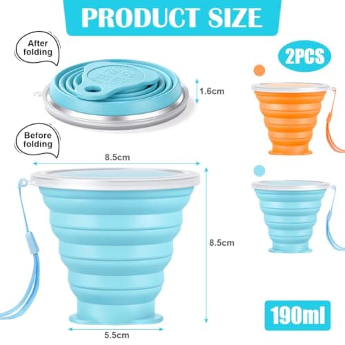 AUAUY Silicone Foldable Cups, 2 Pack 190ml Travel Camping Mug with Lid — view 2