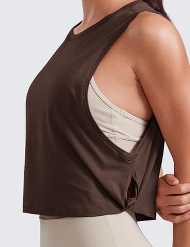 CRZ YOGA Pima Cotton Summer Gym Sleeveless Vest Tops for Women Light Elastic Running Crop Top Loose Crew Neck Yoga Shirt Hot Fudge Brown 14 — view 5
