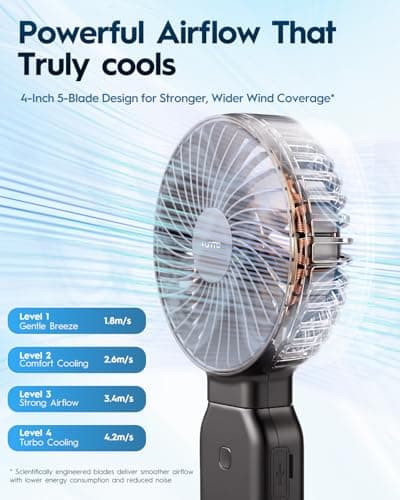 Funme Handheld Fan, Portable Fan 10000mAh with Power Bank, 53H Max Runtime, 4 Speeds Cooling Fan with 3.5-inch Large Blades, 180° Foldable Personal Fan for Outdoor Camping Travel Office - Black — view 4