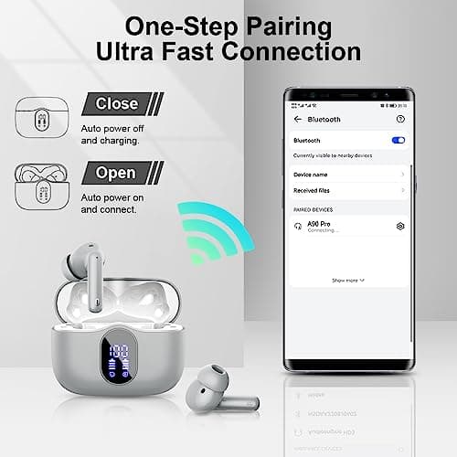 Wireless Earbuds, Bluetooth 5.4 Headphones In Ear with 4 ENC Noise Cancelling Mic, Bluetooth Earbuds Mini Deep Bass Stereo Sound, 36H Playtime LED Display Wireless Earphones IP7 Waterproof, Grey — view 5