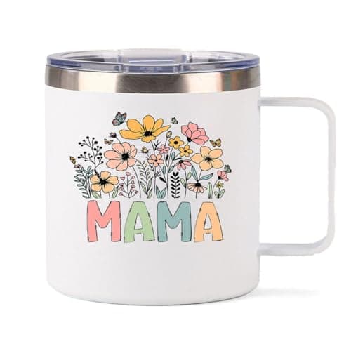 Xinvast Mama Insulated Mug with Handle, Stainless Steel Double Wall Vacuum Metal Coffee Tumbler Cup for Mom Grandma 14 oz