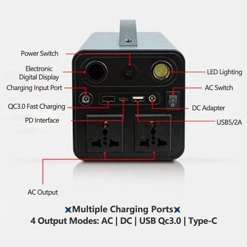 ZyKnaurral Portable Power Station, Outdoor Emergency Power Supply, 300W 90000mAh Camping Power Bank, AC/DC/USB/Type-C Sockets, 6 Power Ports — view 3