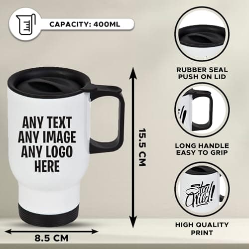 Personalised Travel Mug White 14oz with Handle & Lid – Custom Stainless Steel Coffee Mug with Photo, Text or Logo, Reusable Insulated Mug for Hot Drinks – Gift for Mum, Dad, Friend & Colleague — view 2